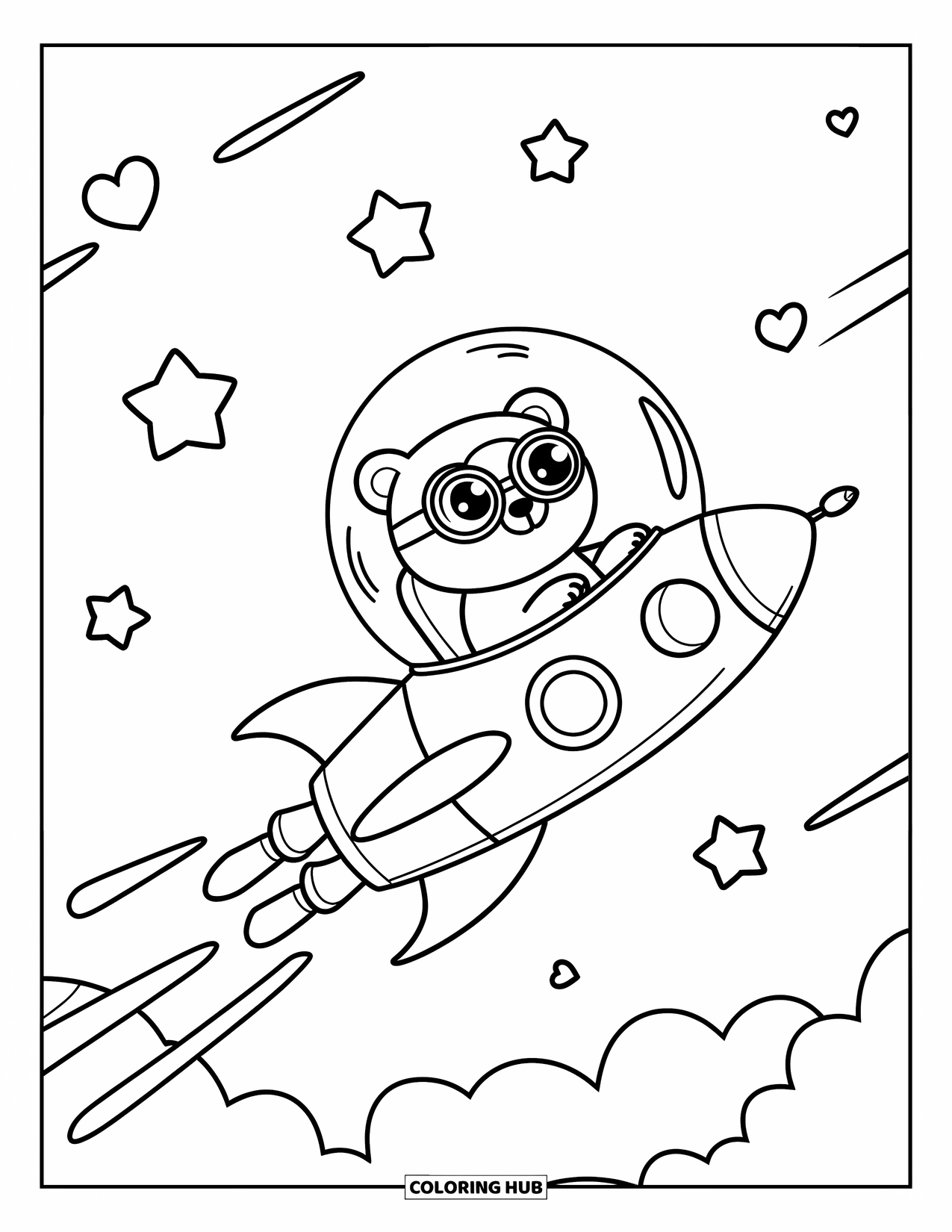 Sky Coloring Page for Adults: A cute bear pilot soars in a rocket surrounded by stars