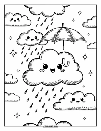 Desenho de céu para colorir para adultos: Uma família de nuvens felizes deriva sob uma chuva suave e estrelas