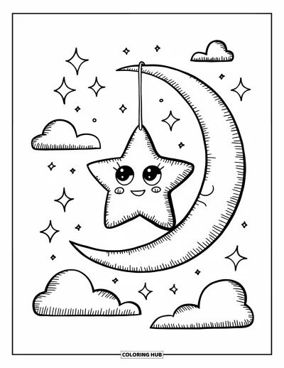 Desenho de céu para colorir para adultos: Uma estrela sorridente pende abaixo da lua