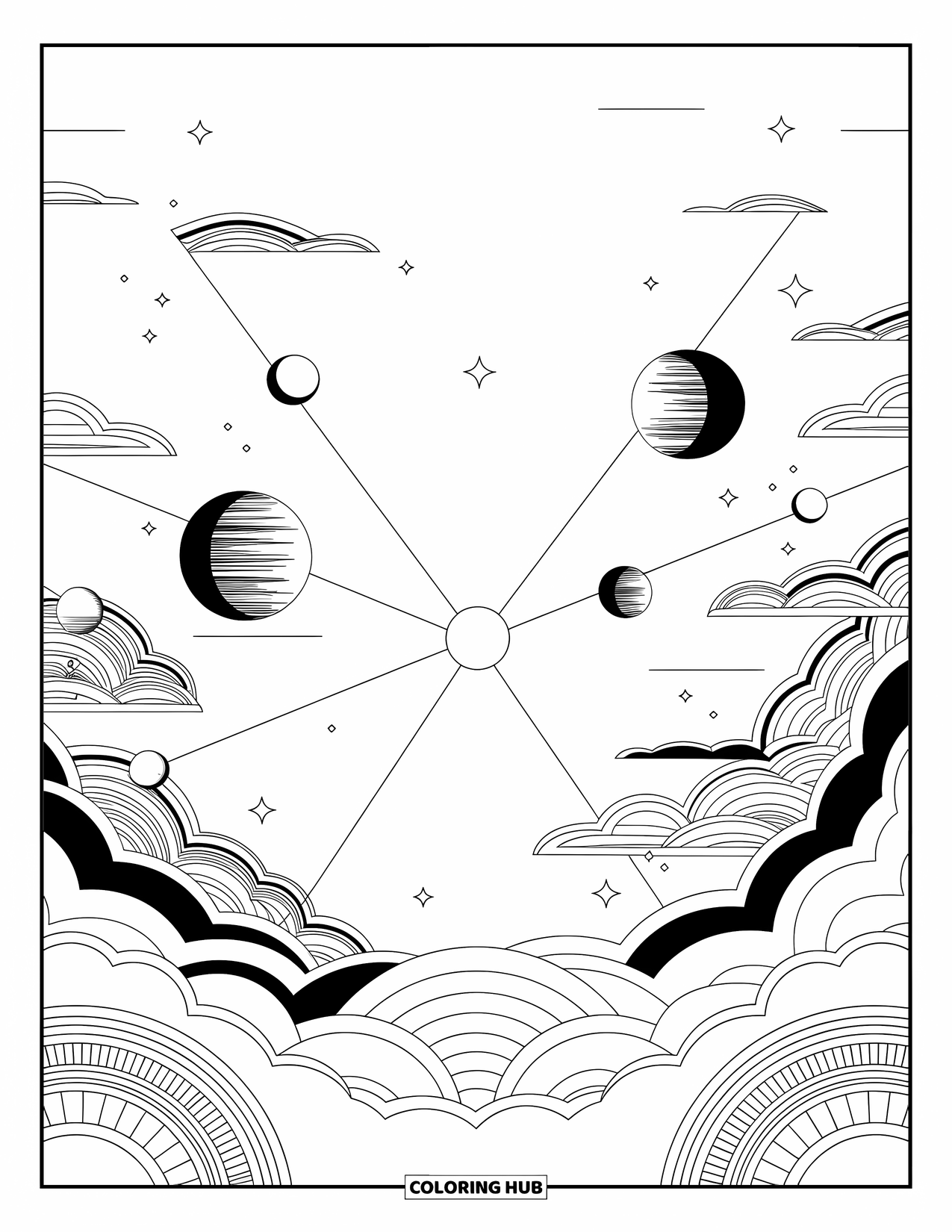 Sky Coloring Page for Adults: A starry sky connects moons and planets with thin geometric lines