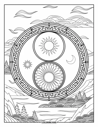 Desenho de céu para colorir para adultos: Um céu yin-yang une o sol, a lua e as nuvens