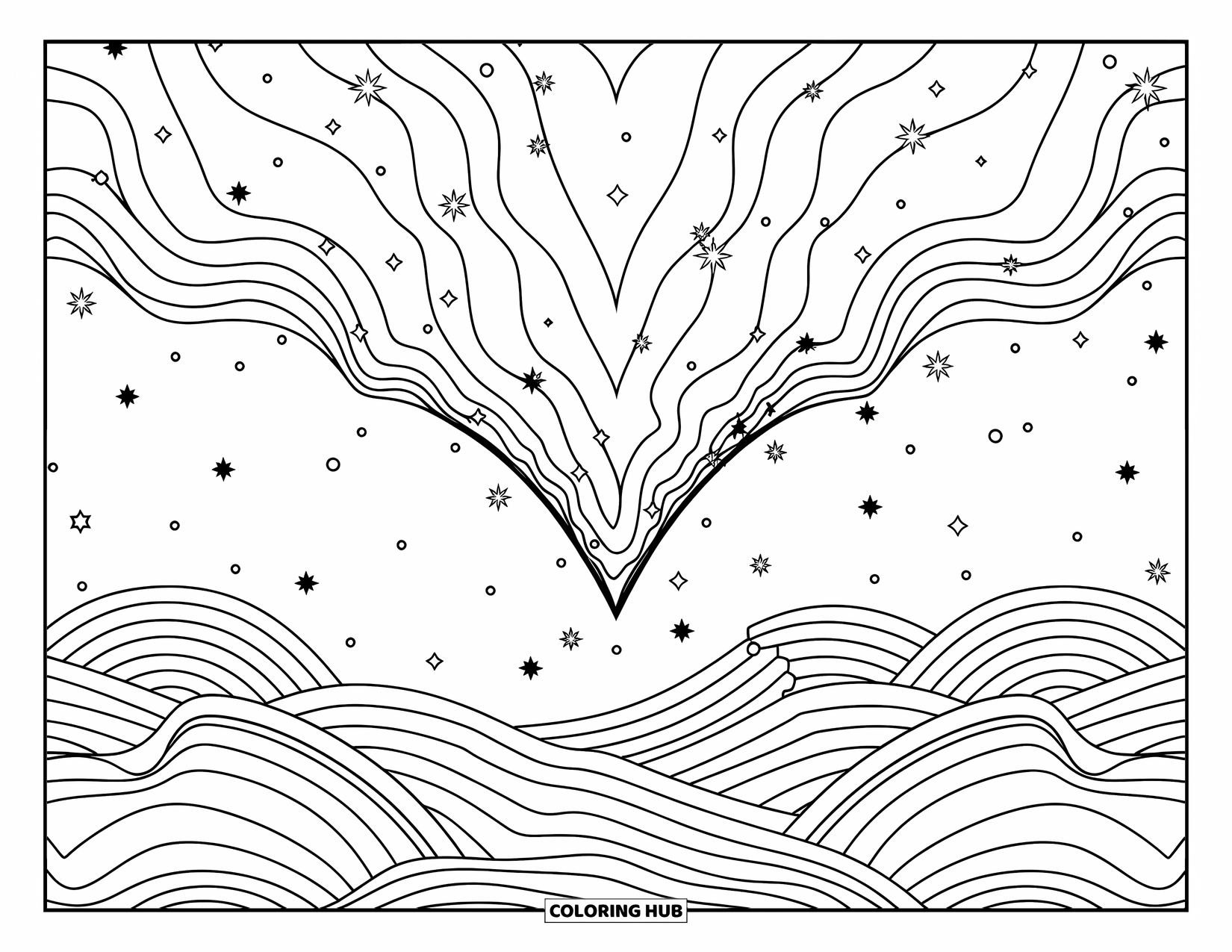 Sky Coloring Page for Adults: An aurora-inspired sky flows with waves and tiny stars