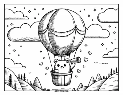 Desenho de céu para colorir para adultos: Um urso piloto deriva entre nuvens e estrelas