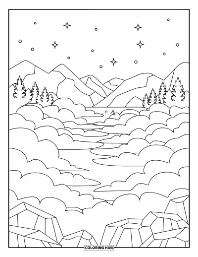Desenho de céu para colorir para adultos: Nuvens serenas ondulam sobre montanhas em um céu quieto