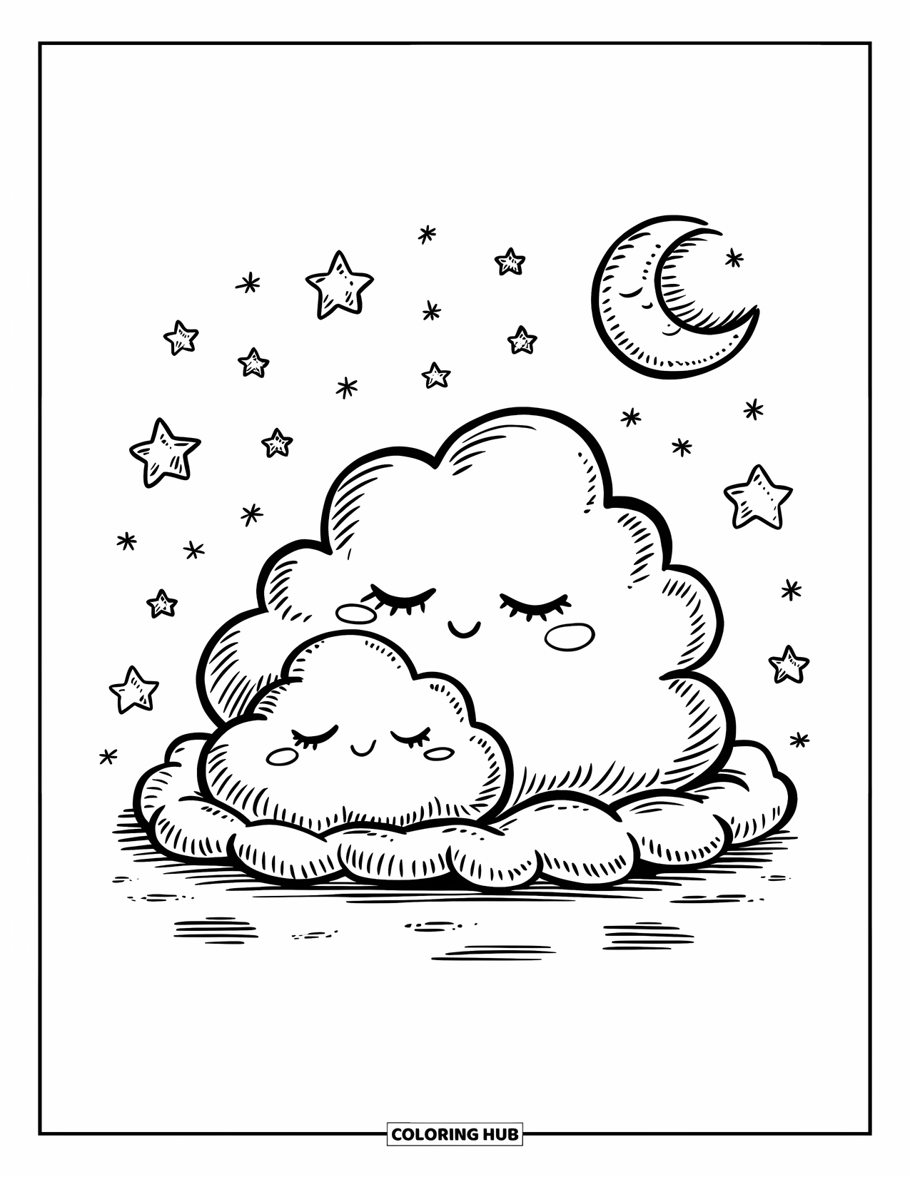 Sky Coloring Page for Adults: Clouds snuggle under stars and moonlight