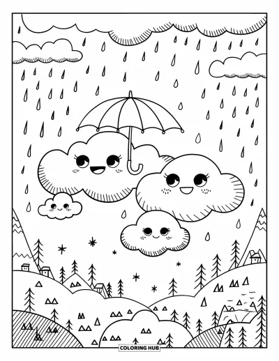 Desenho de céu para colorir para adultos: Nuvens com guarda-chuvas derivam suavemente sob estrelas cintilantes