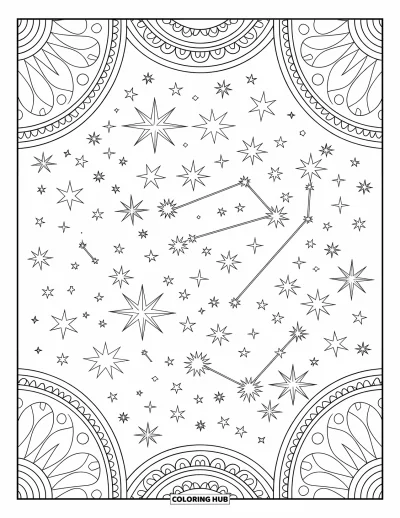 Desenho de céu para colorir para adultos: Constelações e estrelas em espiral preenchem um céu celestial intrincado