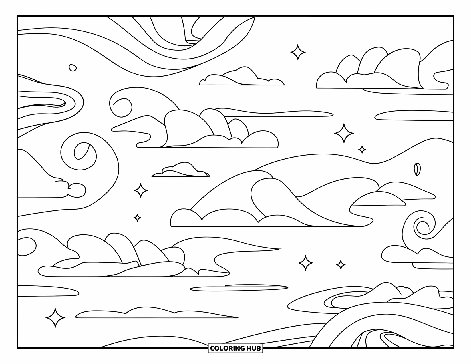 Sky Coloring Page for Adults: Curved clouds and wind lines flow through a peaceful sky
