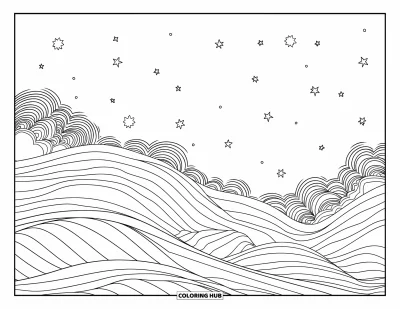 Desenho de céu para colorir para adultos: Ondas em camadas e estrelas pontilhadas preenchem um céu onírico