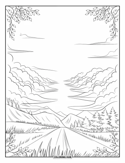 Desenho de céu para colorir para adultos: Montanhas e árvores repousam sob nuvens com movimento suave de ondas