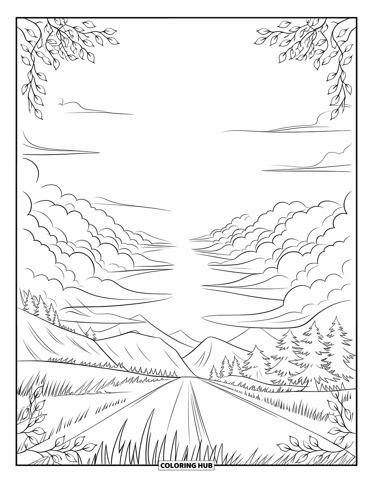 Sky Coloring Page for Adults: Mountains and trees rest beneath softly waving clouds