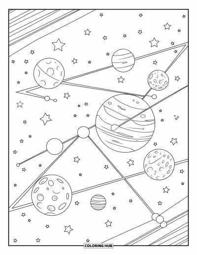 Desenho de céu para colorir para adultos: Planetas e luas de todos os tamanhos se conectam em um céu repleto de estrelas