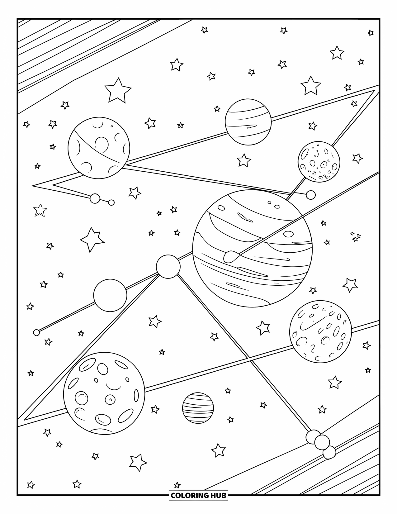 Sky Coloring Page for Adults: Planets and moons of all sizes connect across a star-filled sky