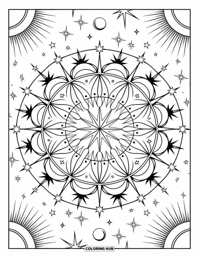 Desenho de céu para colorir para adultos: Estrelas radiantes e luas giram em uma mandala celestial