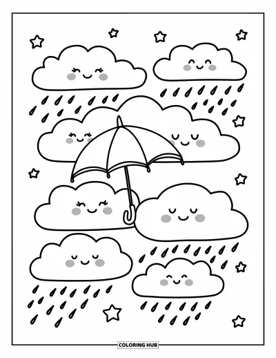 Desenho de céu para colorir para adultos: Nuvens sorridentes flutuam juntas sob gotas de chuva e estrelas
