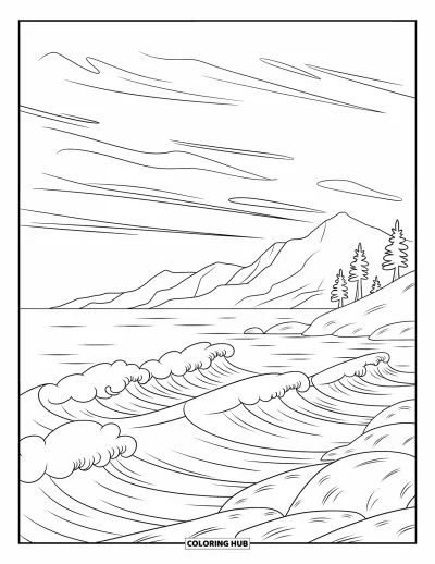 Desenho de céu para colorir para adultos: Ondas suaves do mar refletem montanhas sob um céu tranquilo