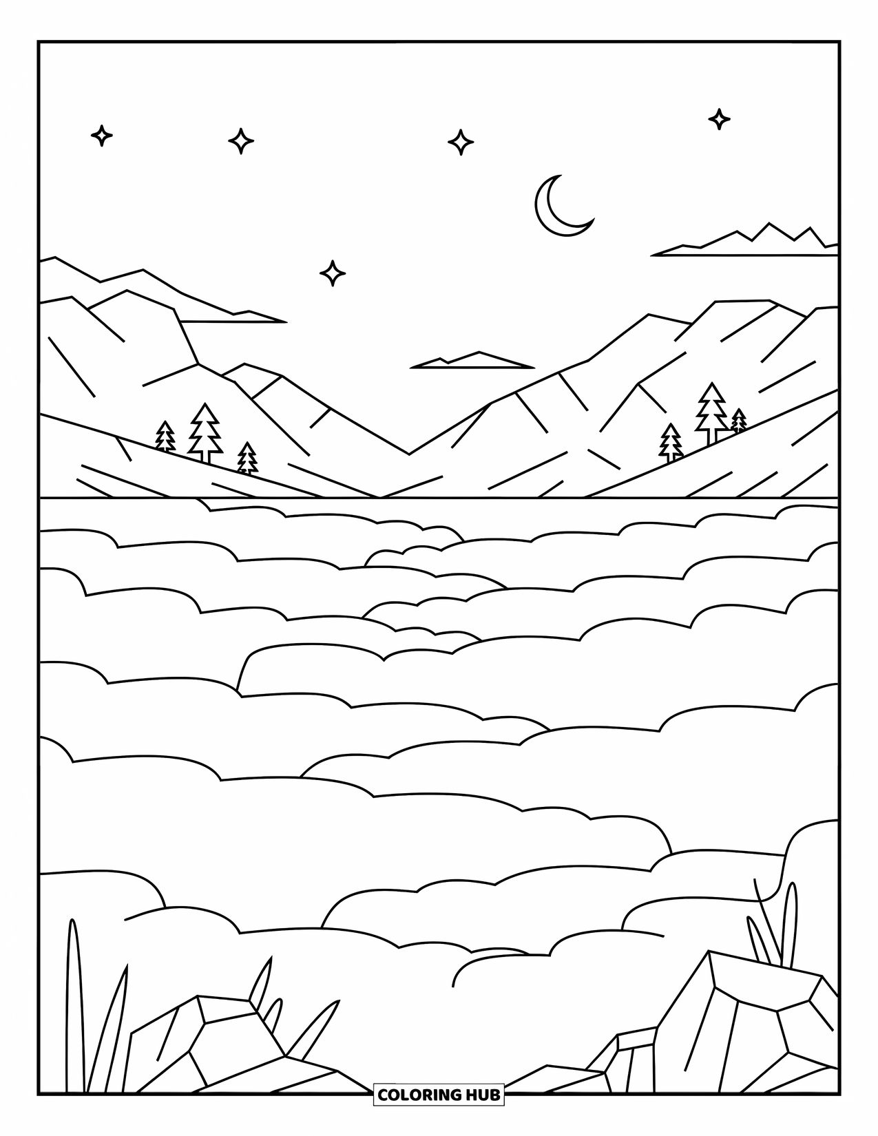 Sky Coloring Page for Adults: Soft clouds form gentle waves above mountains and trees