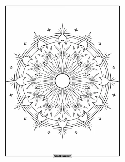 Desenho de céu para colorir para adultos: Estrelas e luas formam uma intrincada mandala celestial