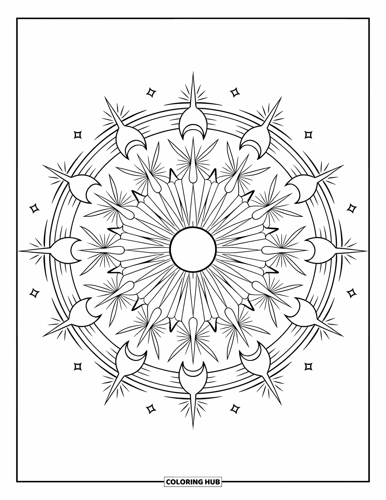 Sky Coloring Page for Adults: Stars and moons form an intricate celestial mandala