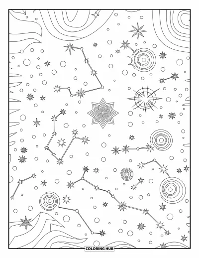 Desenho de céu para colorir para adultos: Estrelas e espirais formam constelações em um céu profundo