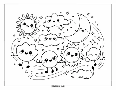 Desenho de céu para colorir para adultos: Sol, lua e estrelas passeiam alegremente entre as nuvens