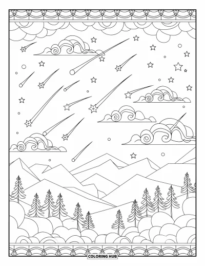 Desenho de céu para colorir para adultos: Nuvens em espiral e estrelas cadentes preenchem o céu em camadas