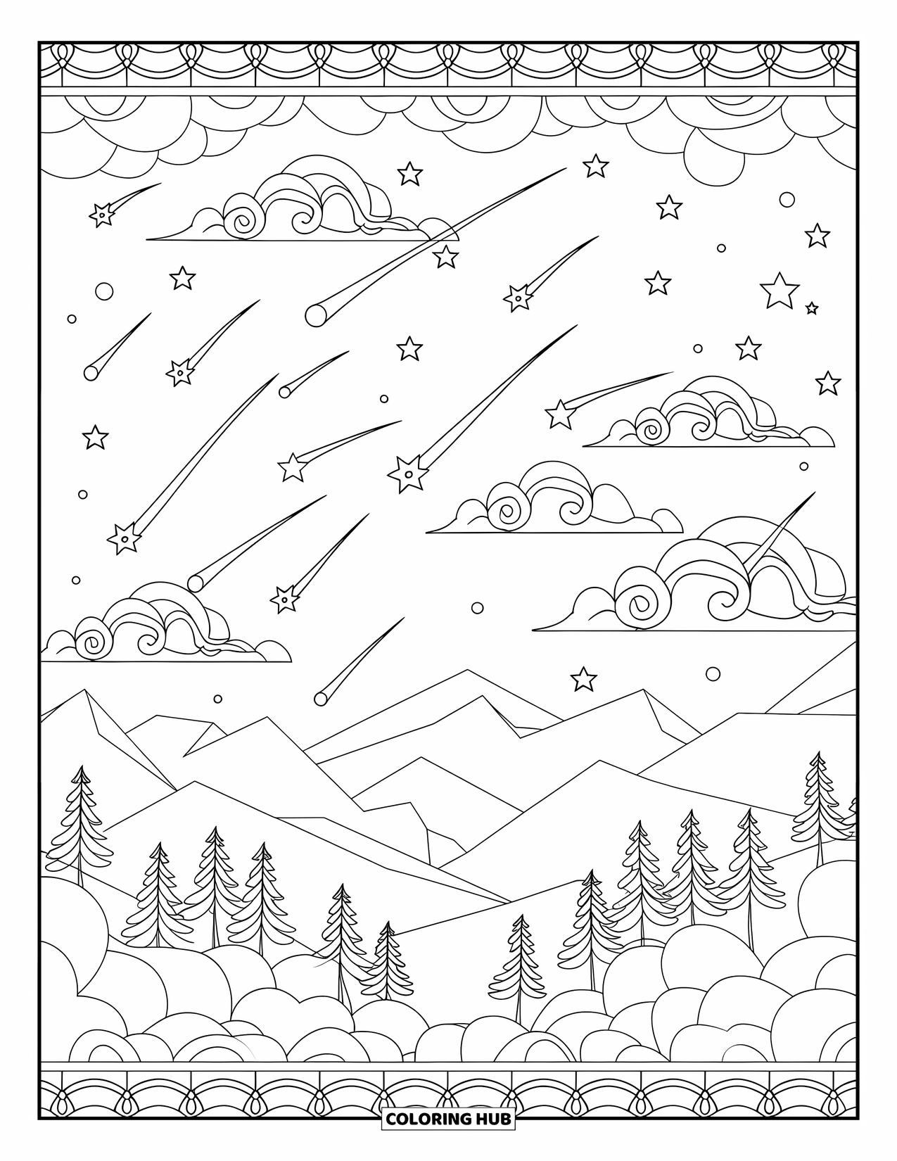 Sky Coloring Page for Adults: Swirling clouds and shooting stars fill the layered sky