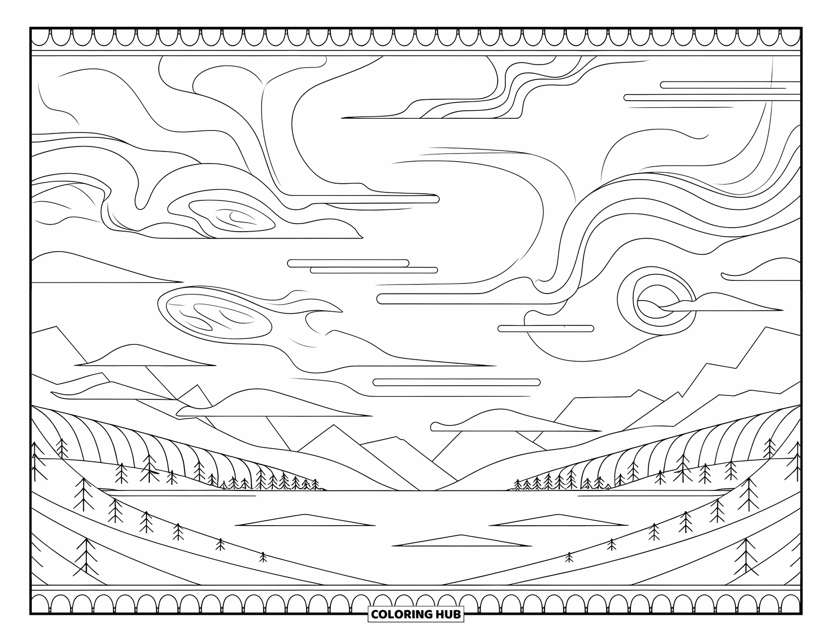 Sky Coloring Page for Adults: Swirling sky patterns drift above mountains and water