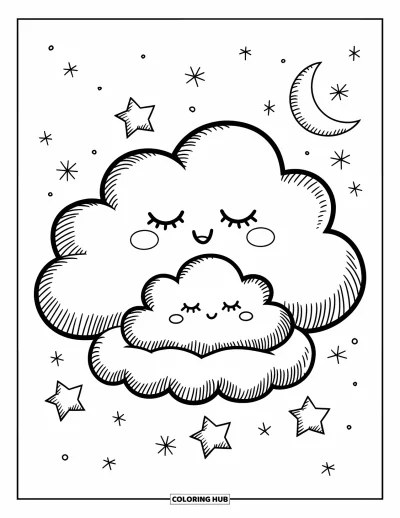 Desenho de céu para colorir para adultos: Duas nuvens repousam juntas sob as estrelas