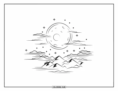 Desenho de céu para colorir para crianças: Uma lua cheia surge acima de encostas pontilhadas de pequenas árvores e estrelas