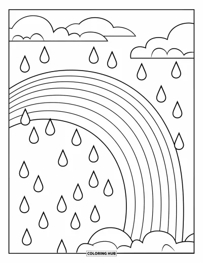 Desenho de céu para colorir para crianças: Um arco-íris vibrante com gotas de chuva se curva em um céu aberto e limpo