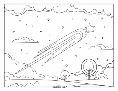 Desenho de céu para colorir para crianças: Uma estrela cadente ilumina o céu acima de nuvens e árvores