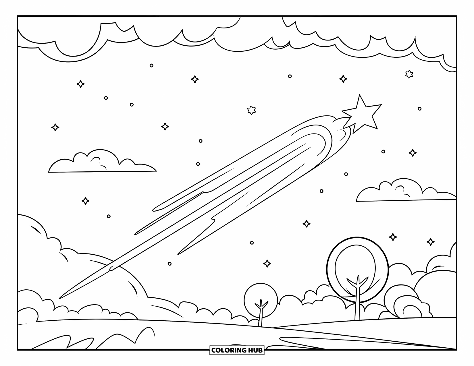 Sky Coloring Page for Kids: A bright shooting star lights the sky above clouds and trees