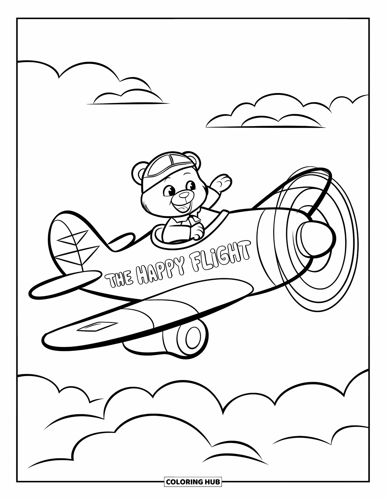 Sky Coloring Page for Kids: A cheerful bear pilot flies "The Happy Flight" above drifting clouds