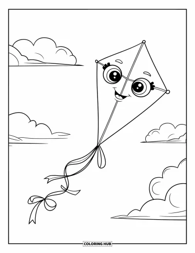 Desenho de céu para colorir para crianças: Uma pipa animada com olhos grandes flutua entre nuvens e fitas