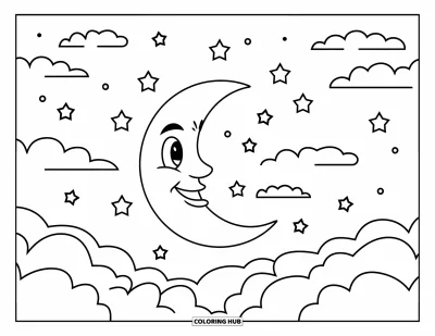 Desenho de céu para colorir para crianças: Uma lua sorridente com estrelas e nuvens flutuando no céu noturno