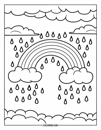Desenho de céu para colorir para crianças: Um arco-íris animado se curva pelo céu com gotas de chuva caindo