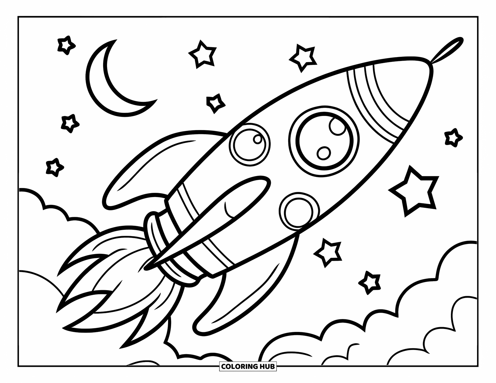 Sky Coloring Page for Kids: A cheerful rocket rises toward a crescent moon and stars