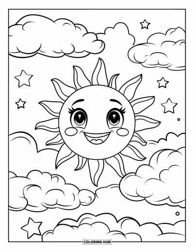 Desenho de céu para colorir para crianças: Um sol alegre com um grande sorriso brilha acima de nuvens e estrelas