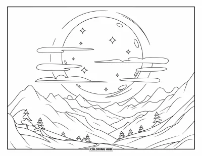 Desenho de céu para colorir para crianças: Uma lua crescente brilha acima de montanhas e nuvens salpicadas de estrelas
