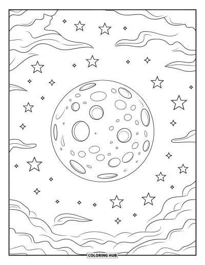 Desenho de céu para colorir para crianças: Uma lua cheia com crateras brilha entre estrelas e nuvens à deriva