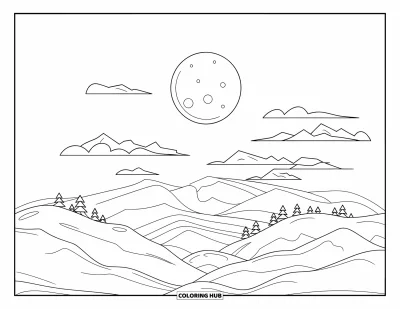Desenho de céu para colorir para crianças: Uma lua radiante brilha sobre montanhas distantes e nuvens suaves em camadas