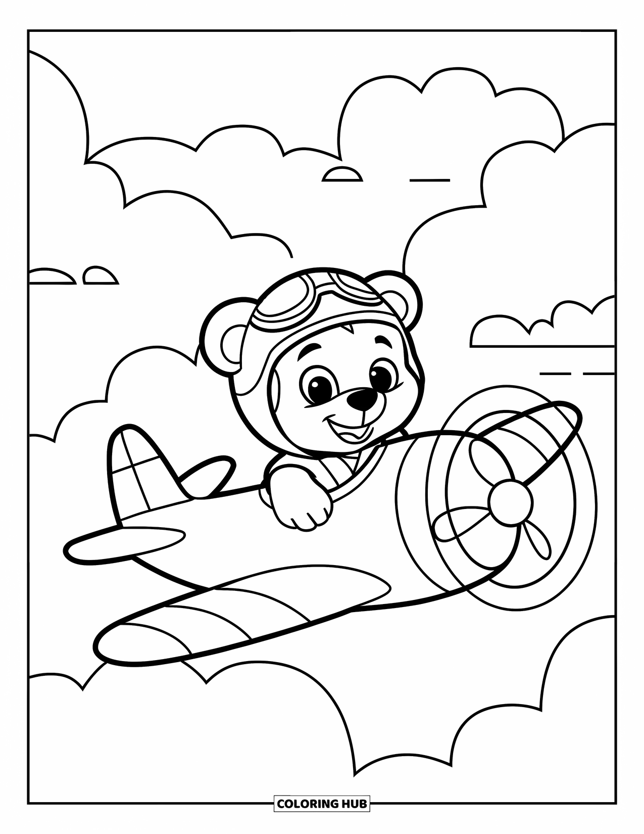 Sky Coloring Page for Kids: A happy bear in uniform pilots an airplane across the sky