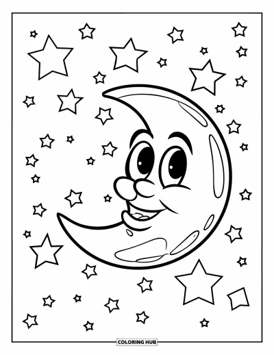 Desenho de céu para colorir para crianças: Uma lua feliz com estrelas brilha intensamente em um céu sereno