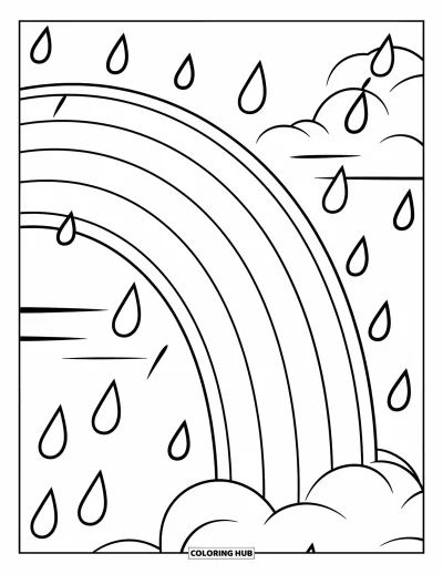 Desenho de céu para colorir para crianças: Um grande arco-íris e gotas de chuva iluminam o céu acima das nuvens
