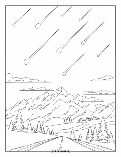Desenho de céu para colorir para crianças: Uma chuva de meteoros ilumina o céu sobre montanhas e estradas sinuosas