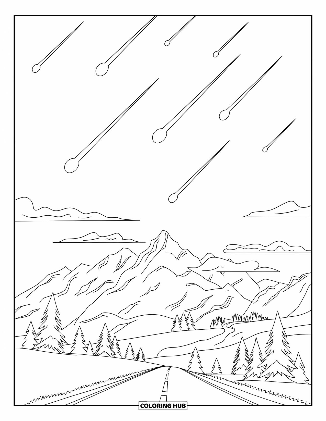 Sky Coloring Page for Kids: A meteor shower lights up the sky over mountains and winding roads