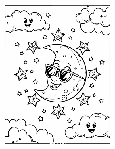 Desenho de céu para colorir para crianças: Uma lua de óculos sorri entre nuvens e estrelas brilhantes