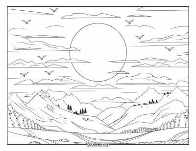 Desenho de céu para colorir para crianças: Um céu enluarado se estende sobre montanhas, árvores e pássaros em voo