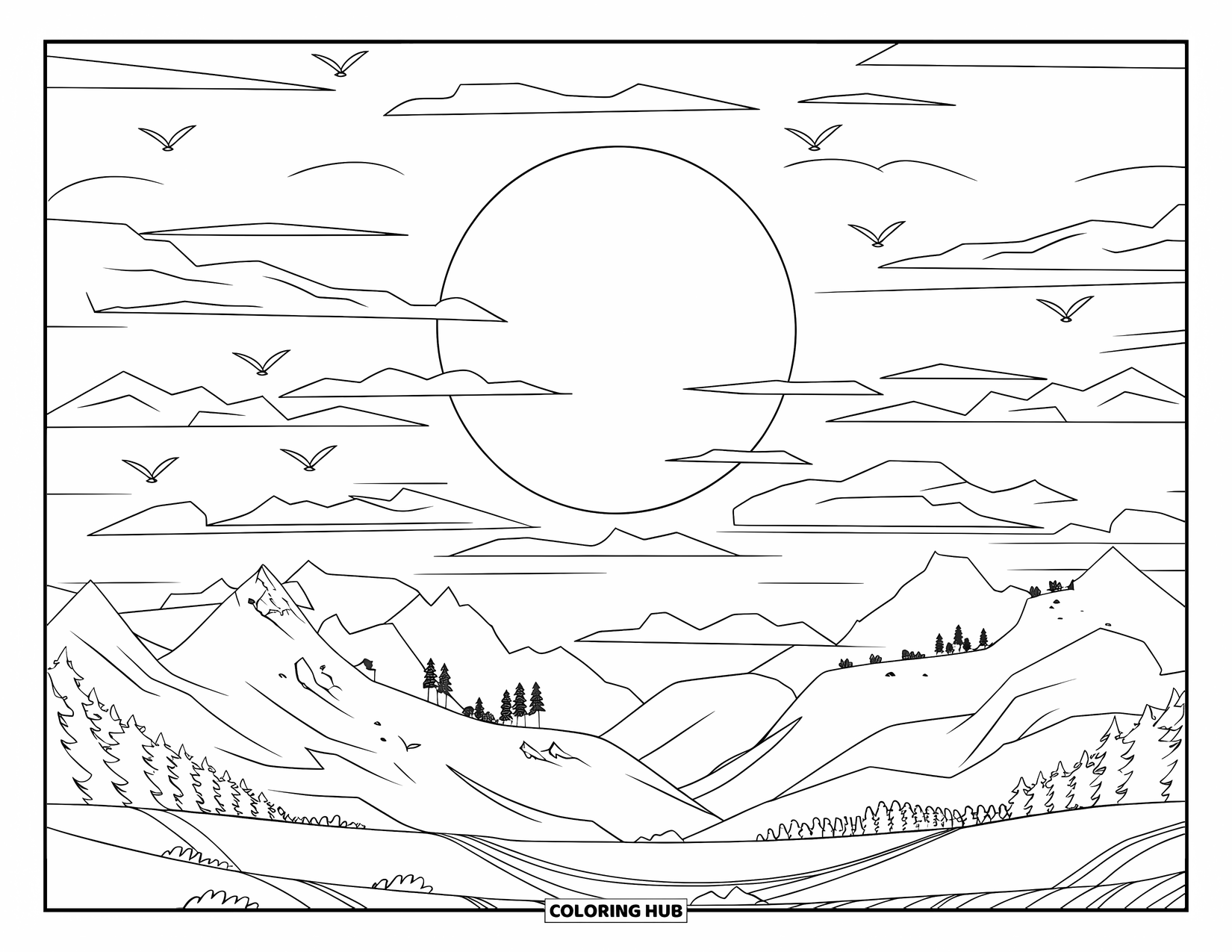 Sky Coloring Page for Kids: A moonlit sky stretches above peaceful mountains, trees, and birds in flight